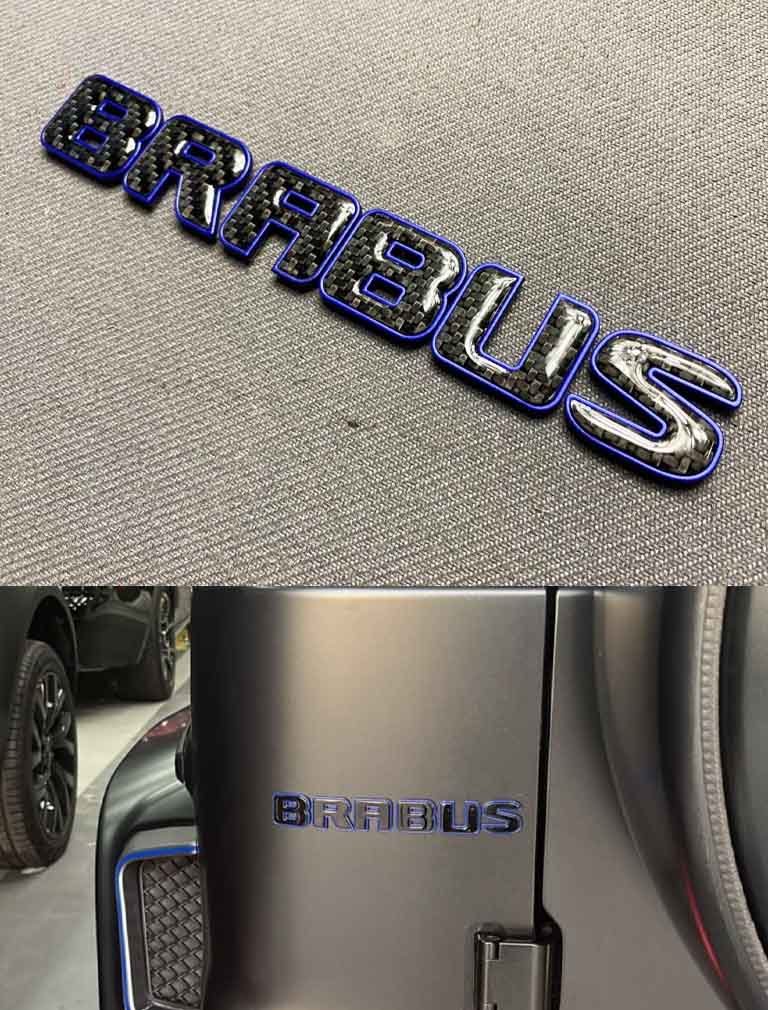 Tail Badges Emblem Brabus Roket Blue and Carbon for Mercedes-Benz G63 G Class W463a Brabus carbon fiber tail badge with blue trim for Mercedes Benz G Wagon